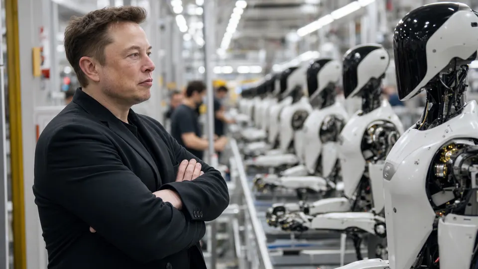 Elon Musk standing in a bright factory beside an assembly line of humanoid robot prototypes (illustrative image, not a real event).
