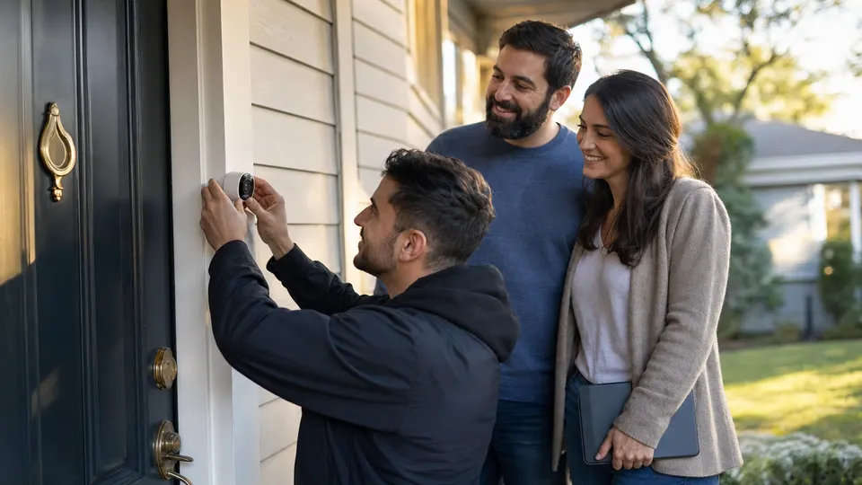 A home security technician installs a smart camera at a front door while a couple look on, in warm afternoon light.