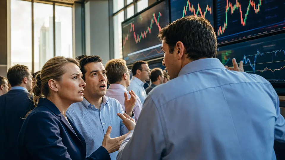 Traders and analysts on a trading floor reacting to large wall screens of market charts in warm afternoon light.