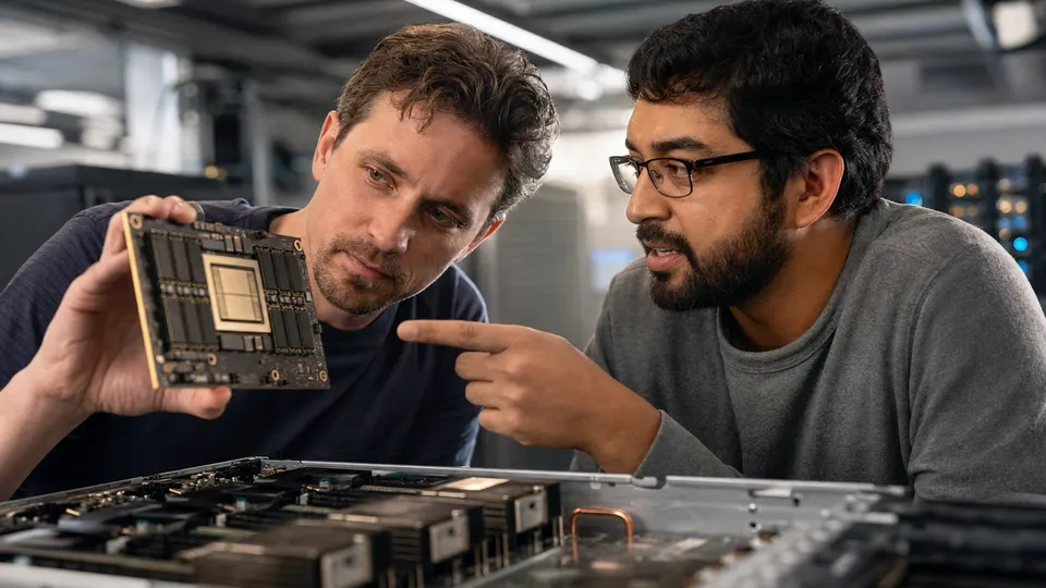 Two engineers examine an AI accelerator board in a data center lab, with server racks glowing behind them.