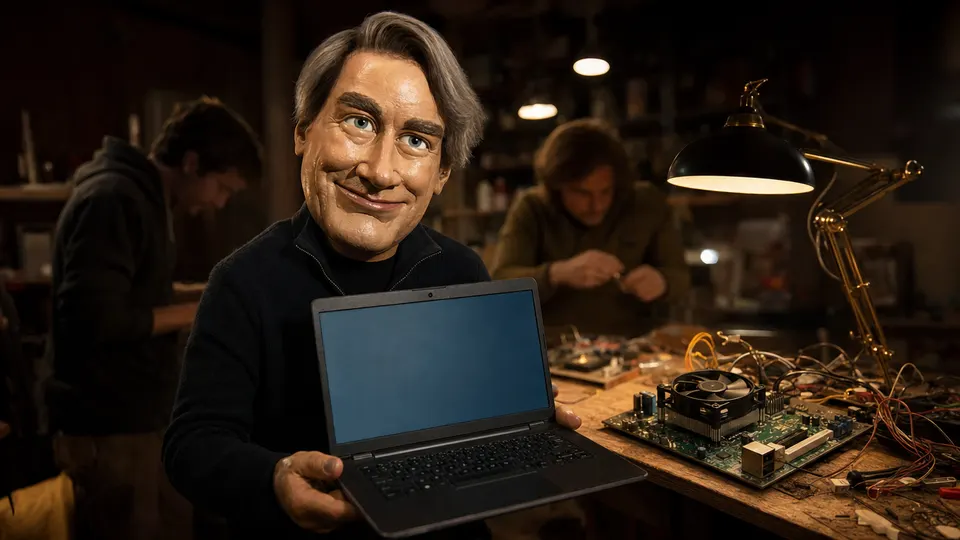 A puppet caricature of Linus Torvalds holding an open laptop at a cluttered hardware workbench, lit by a warm lamp and the laptop's glow.