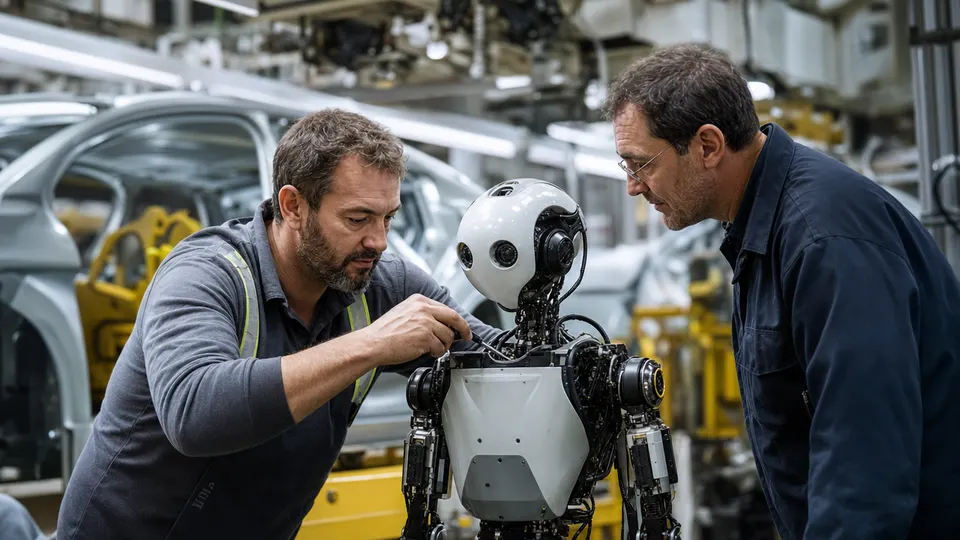 Two engineers inspecting a humanoid robot on a car factory floor, illustrative photo.