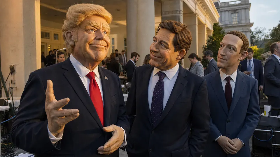 Puppet caricatures of Donald Trump and Jay Clayton stand outside the West Wing with Mark Zuckerberg, bathed in golden afternoon light.
