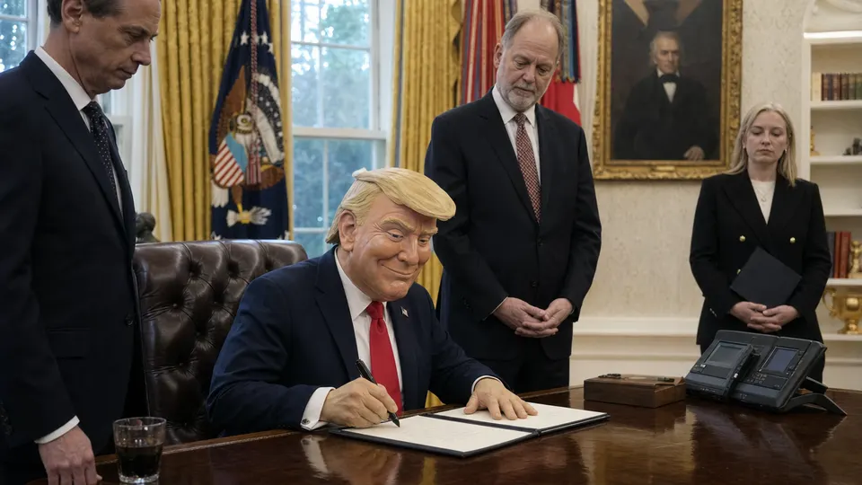 A flattering puppet caricature of Donald Trump signs an order at the Resolute Desk as officials watch in the Oval Office.