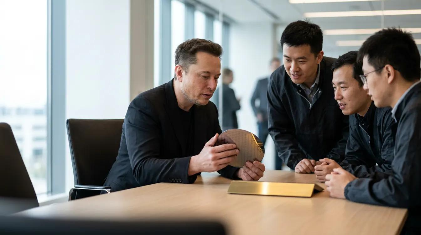 Elon Musk examining a silicon wafer at a meeting table with engineers looking on, an illustrative image for the Terafab story.