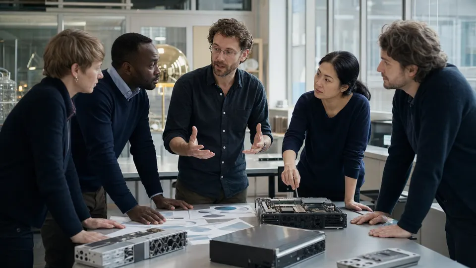 Researchers examine charts and server hardware around a table in a bright London laboratory.