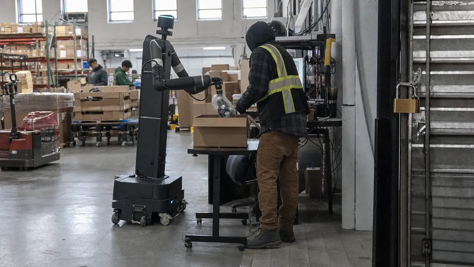 A warehouse worker stands beside a two-armed packing robot on caster wheels at a packing station in a Brooklyn fulfillment center.