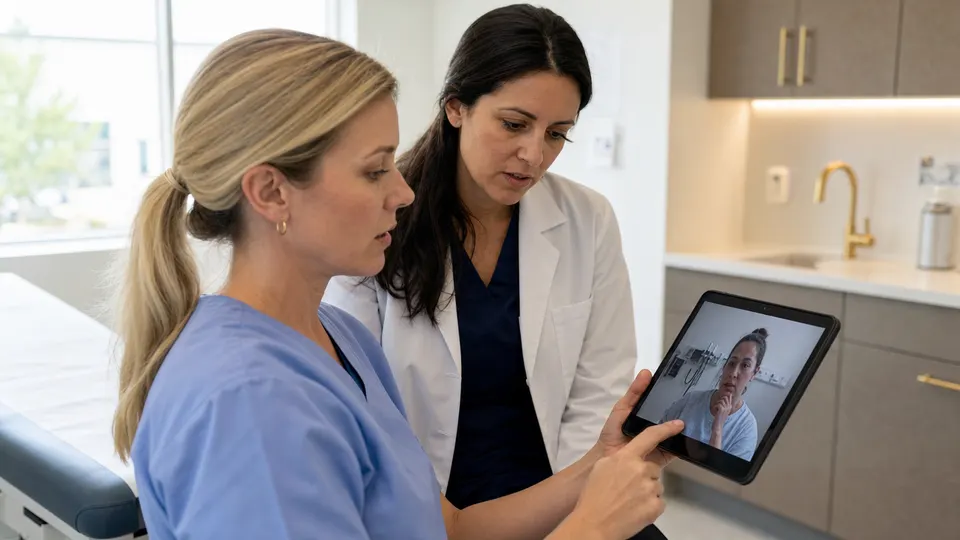 Anonymous clinicians in a Utah clinic review a tablet during a telehealth appointment.