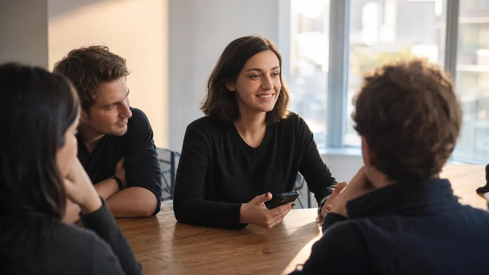 Illustrative photo of a startup founder at a table with a small group of friends, holding a phone in a bright San Francisco workspace