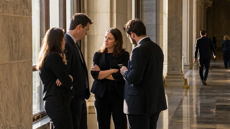 Anonymous staffers confer in a sunlit corridor of a Washington government building.