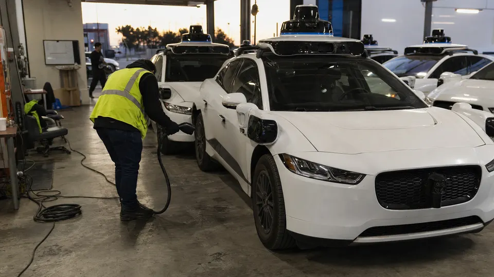 A technician in a high-visibility vest checks the charging cable on a white Waymo robotaxi at a depot at dusk, with more robotaxis parked behind in golden evening light.