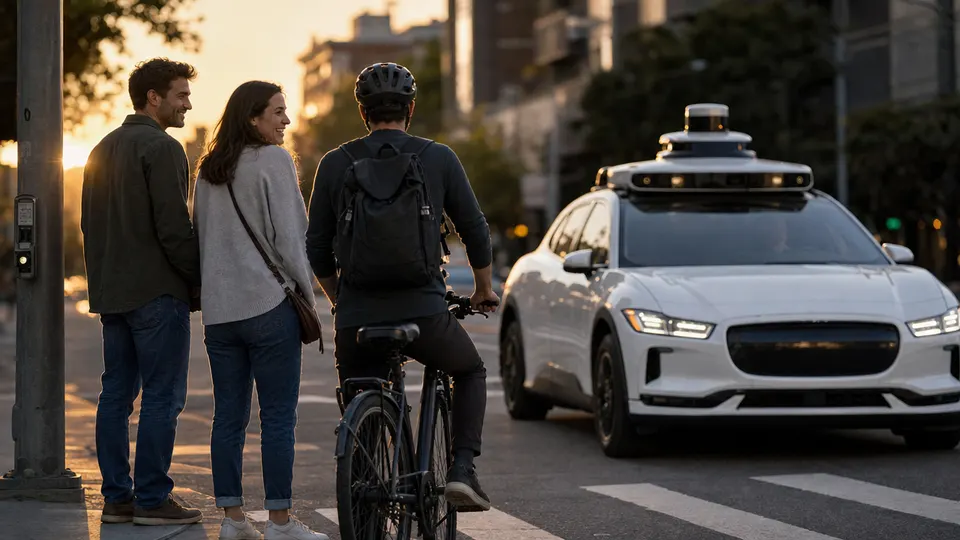Pedestrians and a cyclist wait at a crosswalk as a driverless white SUV with roof sensors stops for them in evening light.