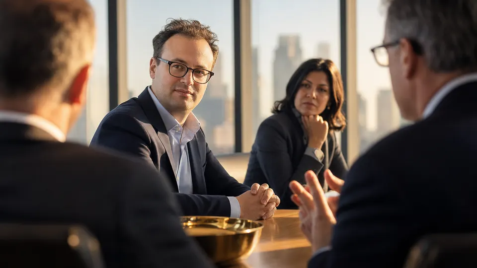 Illustration-style editorial photo of an executive seated at a boardroom table in warm afternoon light, listening to colleagues.