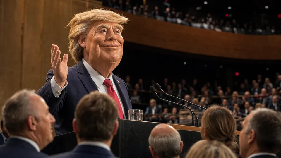 A puppet caricature of Donald Trump speaking at a lectern in a large gold-toned assembly hall, with attentive delegates in the foreground.