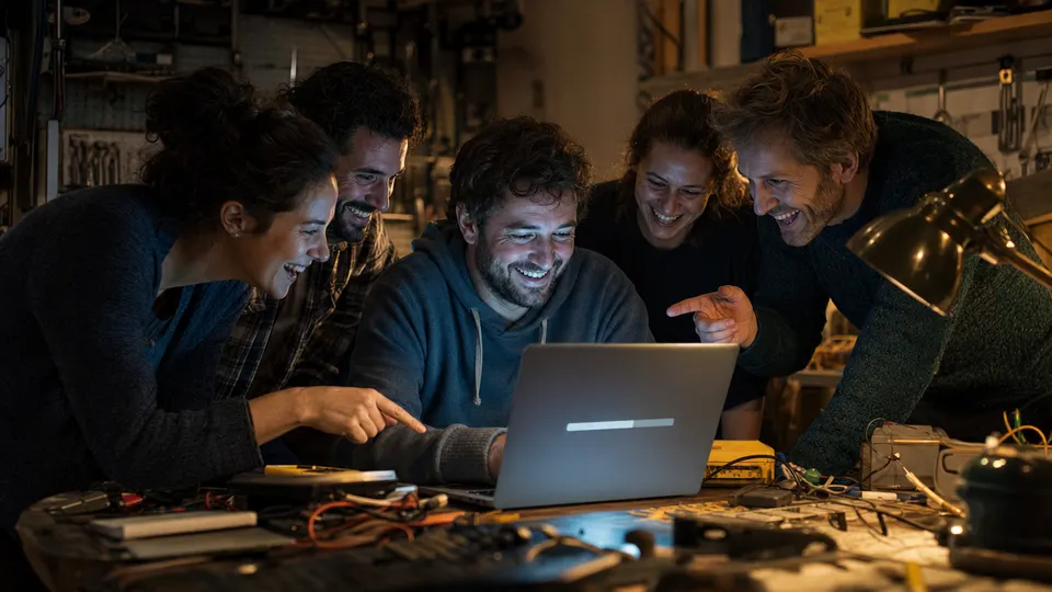 A developer smiling at his laptop in a home workshop while a few collaborators gather around, pointing at the screen.