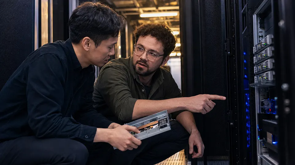 Two engineers examining hardware in a data center aisle, lit by blue rack light and warm overhead light.