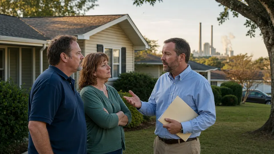 A realtor talks with two homeowners on a suburban lawn, with an industrial plant visible in the distance.