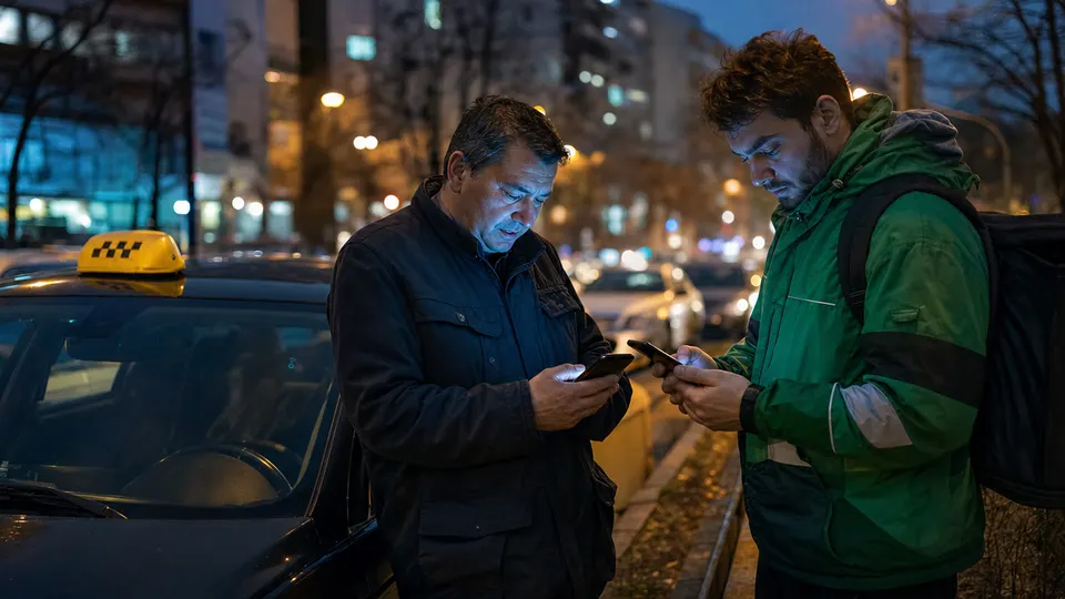A taxi driver and a delivery courier on a dusk city street look worriedly at their phones.