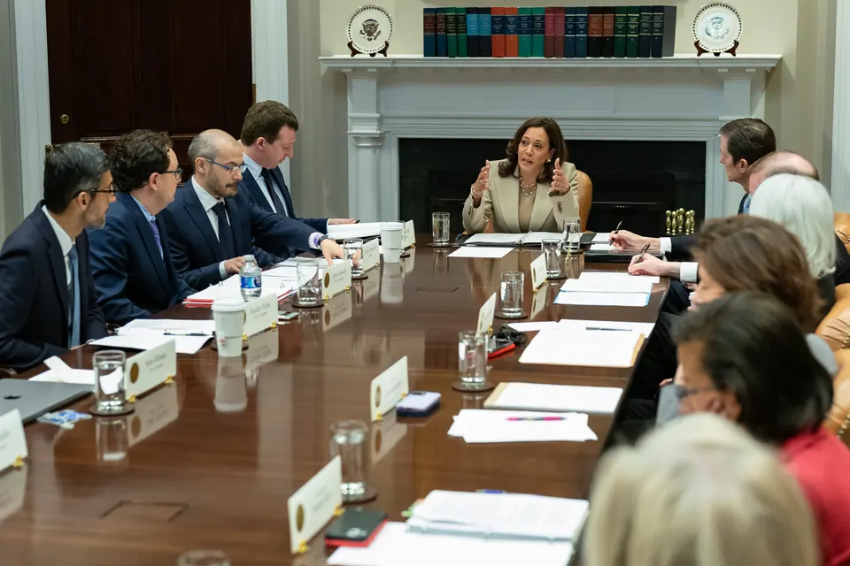 Vice President Kamala Harris speaks at the head of a long table at the White House, with AI chief executives along both sides
